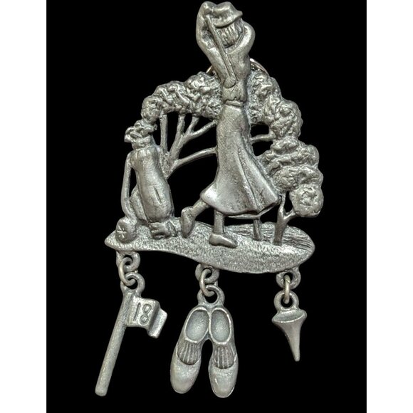 Vintage Sporty Lady Golfing Pewter Brooch Signed LCD - Picture 1 of 4